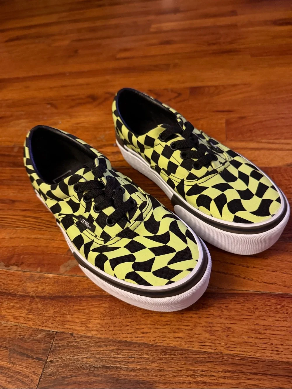 Vans Platform Sneakers in Neon Yellow & Black Checker Wave- Glow in the Dark